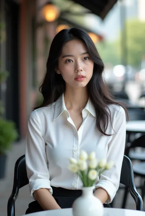 The picture shows a young woman sitting on a black chair in an outdoor cafe or restaurant. She is wearing a white collared shirt and a black skirt. She has long dark hair and is looking directly at the camera with a serious expression. On the table in fron...