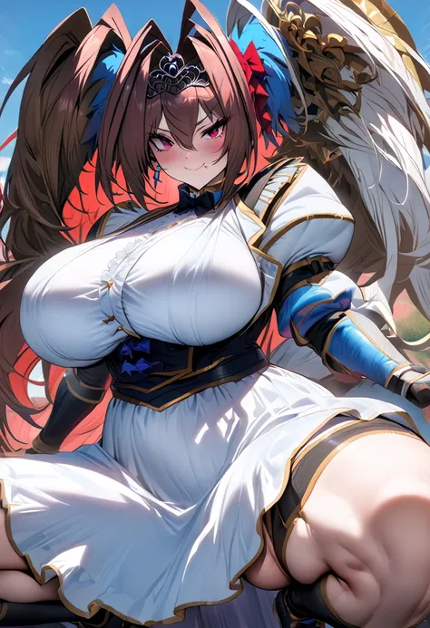 (((((daiwa scarlet1名)))))、(uma musume),((super huge huge chests)),(blue sky)、(turf)、(((white and blue dress)))、((squat))、((sprea...