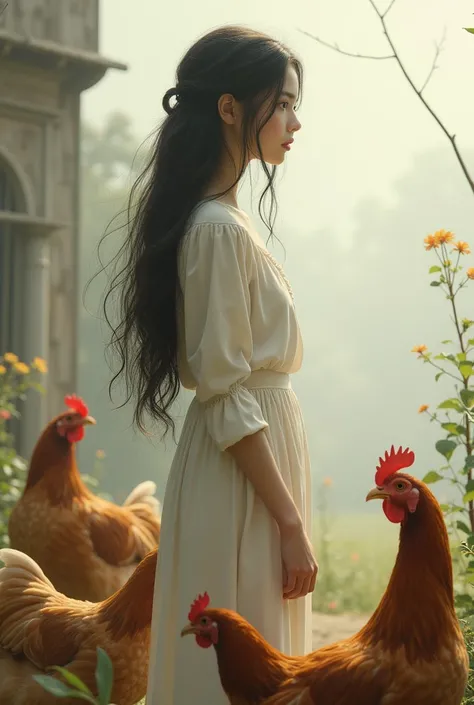 skinny and long haired girl next to the chickens