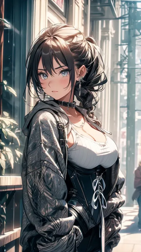 edge corset, hoodie, wearing a hoodie with a corset, Cowboy Shot,  Freezing, Twin tails, Earrings ,, ultra detailed, masterpiece, Highest quality, beautiful, detailed,