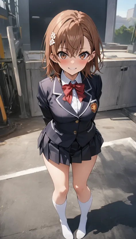 Ultra-high definition image quality、beautiful girl、Misaka Mikoto、high school girl、A Certain Scientific Railgun 、Blazer Uniform、Short pleated skirt、Schoolyard、Highest quality,Stand with your feet apart、Model standing、A devilish smile、4K quality、Ultra HD、Whi...