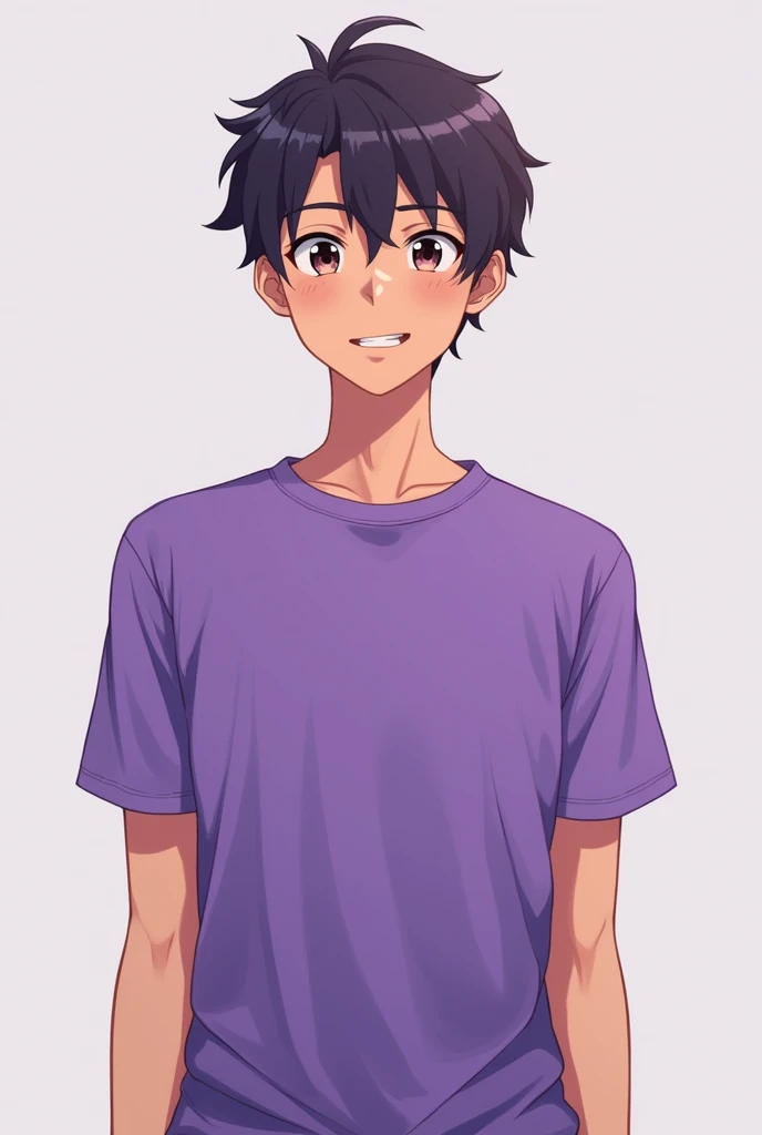 A 20 years old man named Kolu written on his Purple tshirt. His body colour is little dark and he looks like anime. He looks like innocent.