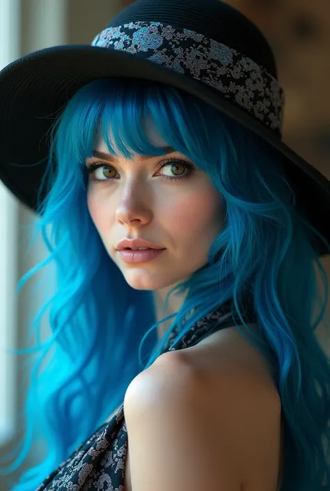 silk hat　Blue Hair　Backwards　woman