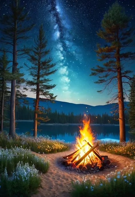 Masterpiece, great composition, top quality, a bonfire in the wilderness, trees shining in the moonlight, flowers lit by the light of the bonfire, a beautiful starry sky, a sparkling galaxy.