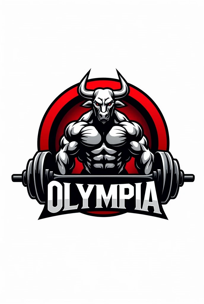 Design a powerful and dynamic logo for an OLYMPIA brand featuring a strong, muscular bull as the central figure, symbolizing strength, power, and determination. The bull should have well-defined muscles, with a stance that conveys energy and dominance, emb...