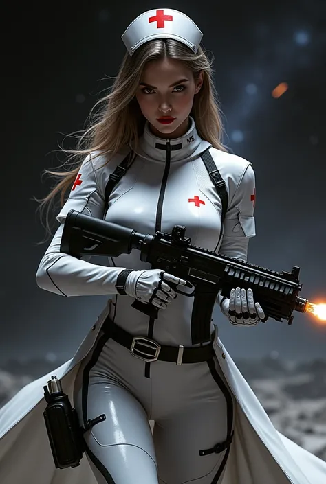 Female in a black and white futuristic nurse suit with red nursimg symbols on it, firing a weapon in a space background