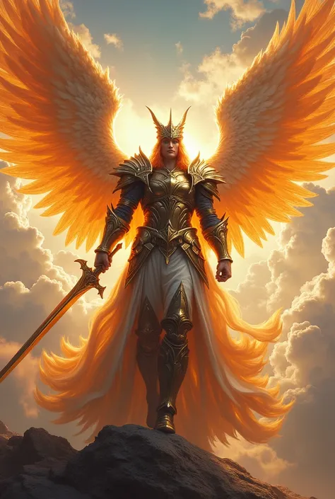 winged angel; with armor, HELMET AND SWORD;FLAMING WINGS; majestic; saturated image; realisitic.

SKY WITH CLOUDS IN THE BACKGROUND.

EQUAL ANGELS IN THE BACKGROUND OF THE IMAGE 