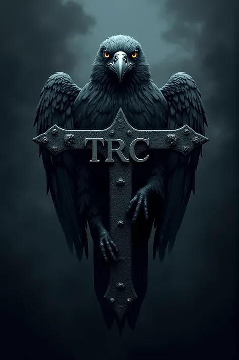 Un logo avec un corbeau, une croix le tout avec les lettres TRC 