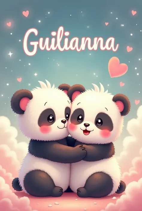 I would like the image to include the first name "GUILIANNA" with two kawaii pandas, who hug each other