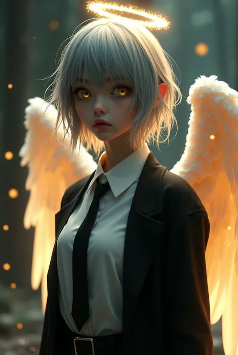 (masterpiece, Highest quality:1.3), (Very detailed:1.3), One girl, alone, (Gray Hair, Messy Hair, Long Hair), (Angel Wings, Angel Halo), Flat Chest, Yellow Eyes, (White shirt, Black tie, Black coat, Open Court), Cowboy Shot, Cinema Lighting, (((Glowing lig...