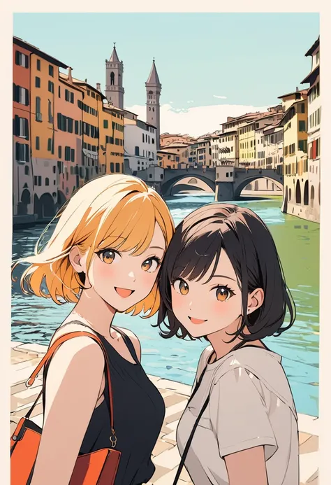 (masterpiece, best quality:1.1), pop-art style, medium flat color,(two girls),cute,detailed face,tween,have a nice trip,(With the Ponte Vecchio in the background),Italy, beautiful detailed scenery, beautiful lighting,very happy,dynamic pose,photographic po...