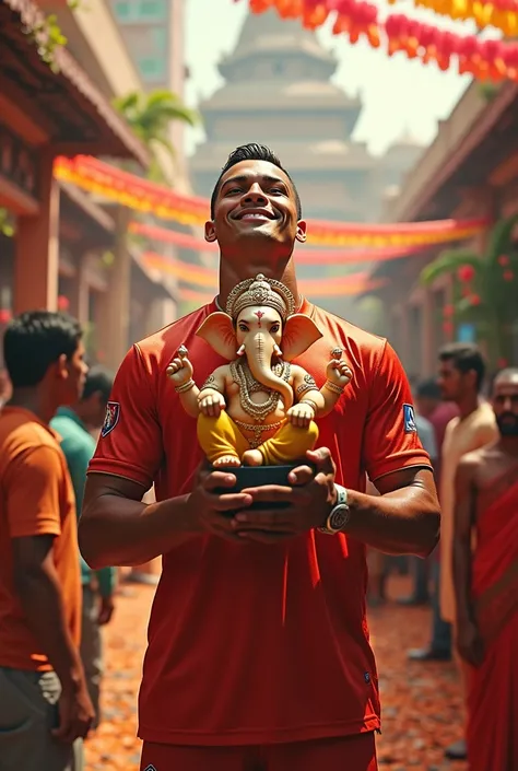 Cristiano rondo celebrating Ganesh chathruthi with ganesh ji in hand