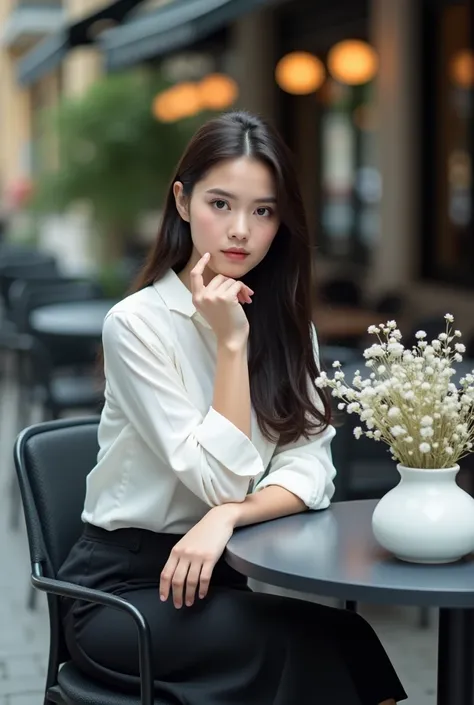 The picture shows a young woman sitting on a black chair in an outdoor cafe or restaurant. She is wearing a white student shirt and a black skirt. She has long dark hair and is looking directly at the camera with a serious expression. On the table in front...