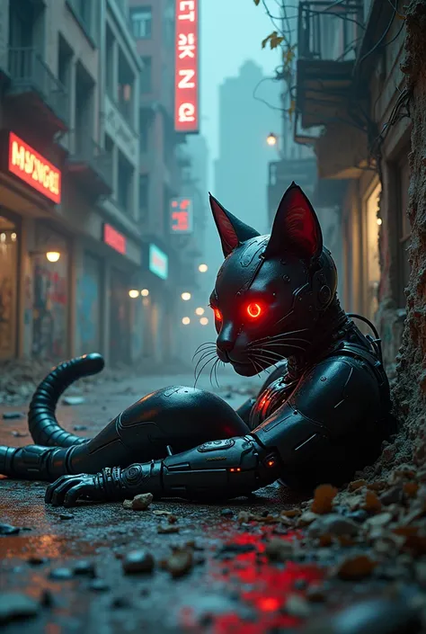 Cat woman sleeping on the city street,sport a red-eyed cyborg, damaged high rise building,sparkling lights,top angle hd camera