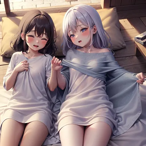 ((Playing immoral and naughty pranks on a sleeping girl)),,In a cozy and brightly colored Japanese nursery school, it is nap time for a group of young girls, aged 3 to 5. The room is softly lit with warm, gentle tones, and the children lie on individual fu...