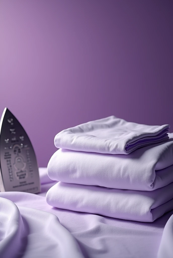 A neatly ironed, folded bedsheets 
in a well lit environment on a table in a mid to deep purple blended environment showing a steam iron 