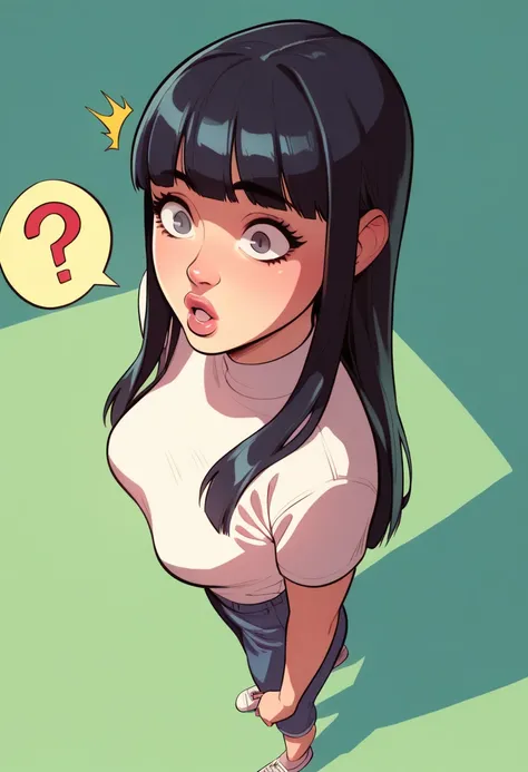 punctuation_9, punctuation_8_High above, punctuation_7_High above, punctuation_6_High above, punctuation_5_High above, punctuation_4_High above, break 1girl, Bblack hair, long hair, grey-eyed, thick lips, long eyelashes, Surprised expression, standing in t...