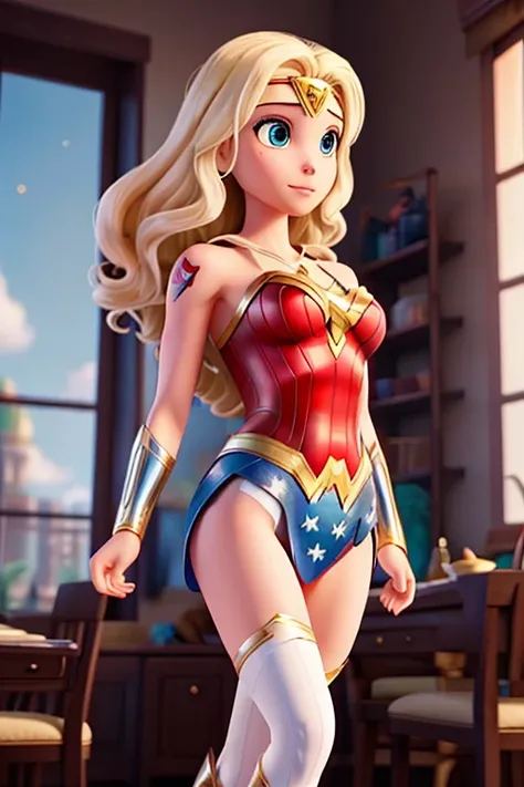 Wonder Woman , completely tattooed,blonde , white and flying 