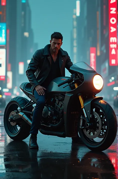 Man with short straight hair in a leather jacket on top of a futuristic motorcycle in the world of Blade runner 2049