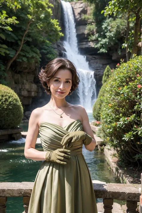 ((Masterpiece)), ((Best Quality)), A middle-aged short-hair woman, ((She is wearing an ornamental olive color  wedding dress)), She is wearing white gloves on her hands, She is wearing a necklace, She is standing near a waterfall