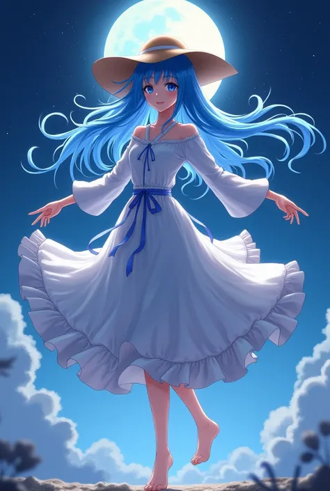 silk hat　Blue Hair　Moonwalk　woman　Above ground　anime