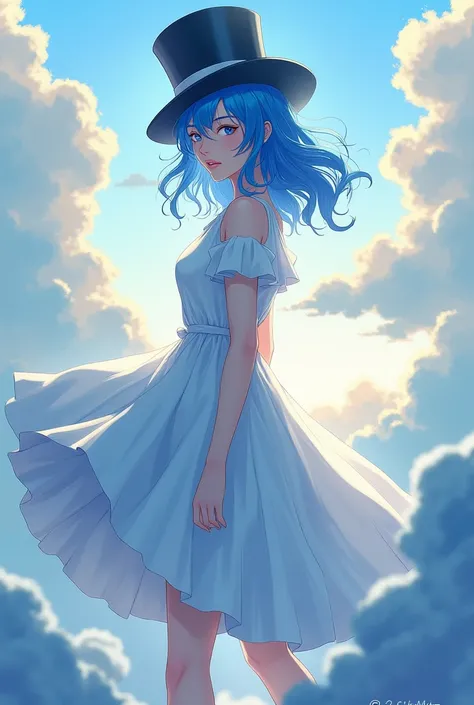 silk hat　Blue Hair　Walk backwards　woman　Above ground　anime