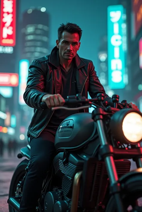 Man with short straight hair in a leather jacket on top of a futuristic motorcycle in the world of Blade runner 2049 