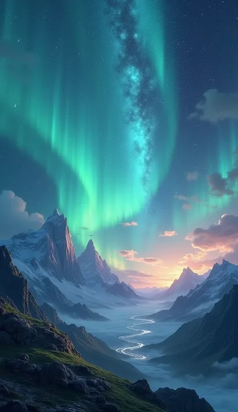 landscape, Ultra HD, (Background Asgard), detailed, Lighting, 8k, (Aurora shining in the sky), constellation, (Background Asgard)