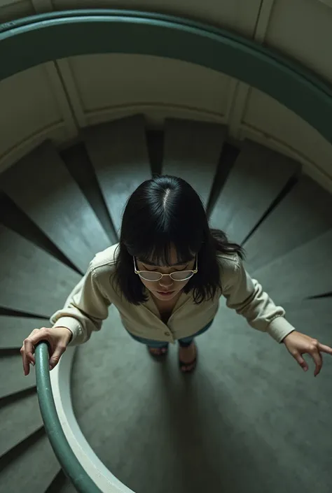 Photorealism of a chubby girl on a spiral stairs. She has shoulder length hair, glasses, and she’s looking down. Can’t see her face. A view from top