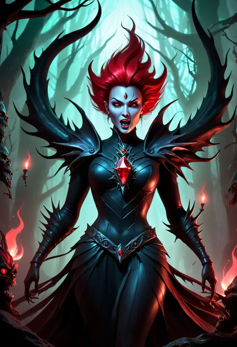 a high quality digital painting of a menacing (Banshee) surrounded by eerie (Shiver Me Timbers), with a grim (PESTILENCE) theme, featuring a vibrant (red diamond) prominently displayed, fantasy art, dark and moody lighting, detailed texture, dynamic compos...