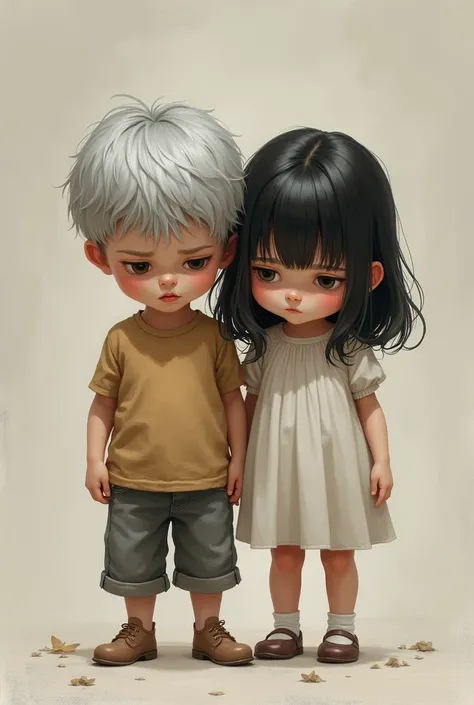 A little silver-haired boy and a little black-haired girl are upset 