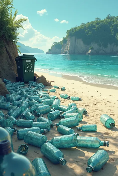 Create an illustration about the beach, covered with transparent plastic bottles, There is a garbage container with a recycling sign at the edge of the beach.