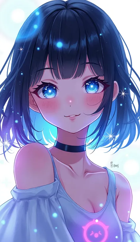 One girl, High resolution, Shortcuts, smile, bangs, blue eyes, Black Hair, Highest quality, Character portrait, Sparkle Effect, fluorescence, Godley, Impressionism, anime, Character Design, Futuristic view from outside, Lots of white space, 