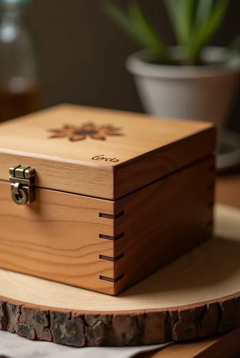 Close-Up of the Wooden Box: A detailed image of the finished box, simple but beautifully made. It could have a faint engraving or unique design on the surface, hinting at its sentimental value.