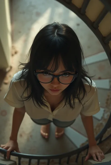 Photorealism of a chubby girl on a spiral stairs. She has shoulder length hair, circle black glasses, and she’s looking down. CAN’T see her face. A view from TOP of the stairs 