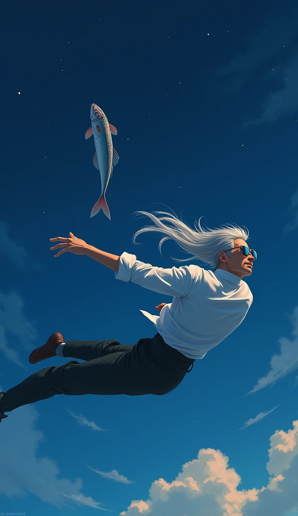 High resolution,masterpiece,Highest quality,Very detailed,male,solo,Flying while stretching,White shirt,white hair,Back view,SunglassesCatch a fish,Ghibli-style painting, Night Background,