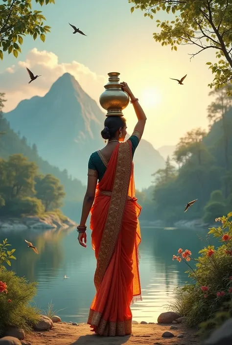 (photorealism:1.2), Indian culture a beautiful morning Sun rises tim a beautiful traditional wear old traditional model saree take water pot in her head to go home from a lake floating from mountain.some birds are flying and full of trees around the mounta...