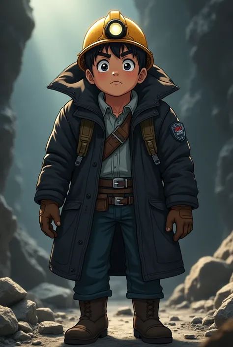 I want a full body image of a Bolivian miner in anime style, but with a touch of realism. The miner must wear a black coat and a helmet with a flashlight.. Although the design should have typical anime features, like big, expressive eyes, The body and deta...