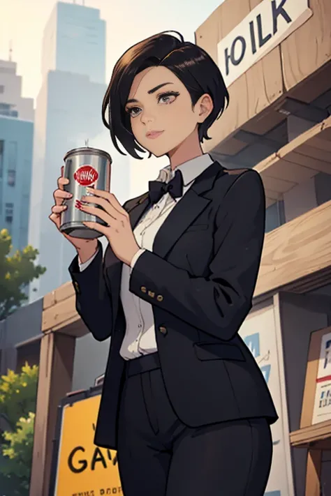 A career woman, 3, wearing a suit,Hairstyle: Short Hair Permanent,Drinking canned beer,