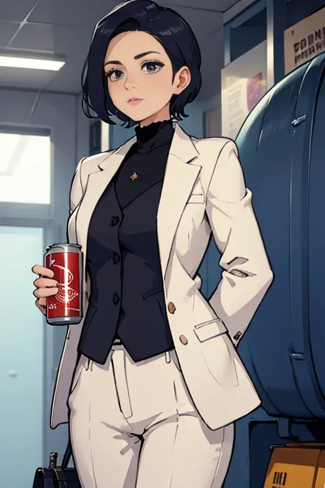 A career woman, 3, wearing a suit,Hairstyle: Short Hair Permanent,Drinking canned beer,