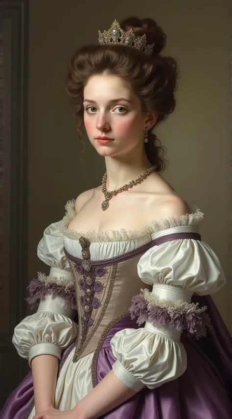 oil painting from the 1730s, female, feminine, Calvinist, Dutch, Scandinavian, noblewoman, Princess, pointy chin, high forehead, curly brown hair wig, wearing white with purple accents, early 1700s fashion, Rococo