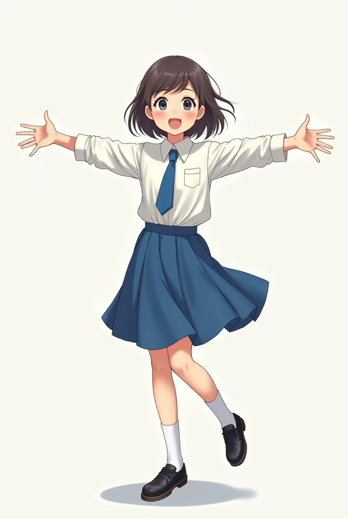 Girl with open arms dressed in white shirt, blue tie, blue skirt, white socks and black shoes