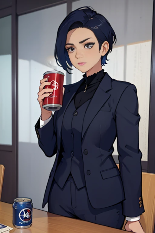 A 3 career woman wearing a dark navy blue suit,Hairstyle: Short Hair Permanent,Drinking canned beer,