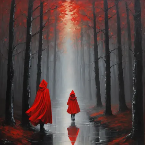 work of art of the highest level, oil painting, grimdark, in the foreground is little red riding hood, she wears a hood, can&#39...