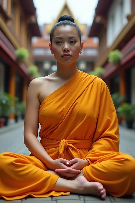 Female monks in Bangkok　1 person　Big Breasts　Gorgeous　The face is straight in front of you　The body is also looking straight ahead.　The whole body can be seen　Attention posture　From the toes to the top of the head　Always show your toes　Always show your toe...