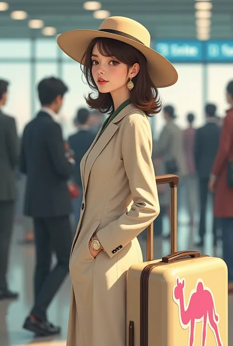 A Japanese woman with brown hair, medium-long hair, a wide-brimmed hat, large earrings, a beige suitcase with a pink camel sticker on it leaning against the side, the background is the airport