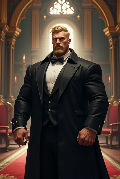 Solo, 1male, Adult, Hero, heroic stance, Large man, muscular, Handsome, Blonde hair, blonde goatee facial hair, short military style haircut, dynamic pose, concept-art, Fantasy art, noble manor grand hall background, clean render, Wears a black ballroom ge...