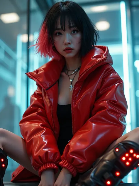 Angle from below, One Japanese woman, Cute face, Short cut hair, red and black half hair, Bangs, Background blur, Bokeh, SF mechanical glass room in background, Chromatic aberration, Knee high, Looking up, Blur, Photo_Curly, Glossy aviation red jacket, rea...