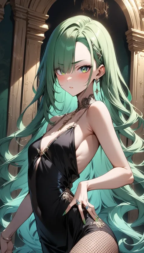 (butt), (bedroom), (Sexy Girls), masterpiece, best quality, 1 girl, Bangs, blush, Chest, clavicle, Danteidong, Eyebrows visible through hair, (Gradient green hair), Jewelry, Long hair, Looking at the audience, Bright Eyes, ring, (solitary), illustration, f...