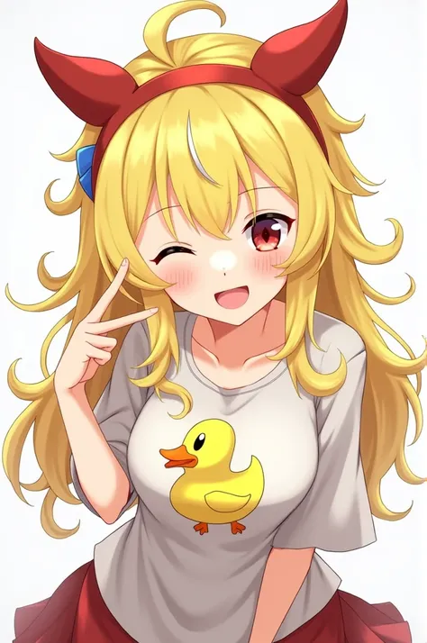 A female anime character, her hair is yellow, she wears a devil ear kayak headband, he wears a shirt with a picture of a duck, then a character closes his eyes